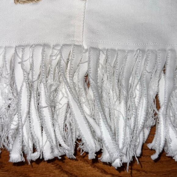 Gianni Bini White Denim ‘Life Is Beautiful’ Fringe Snap Front Mini Skirt Size M - Picture 5 of 12